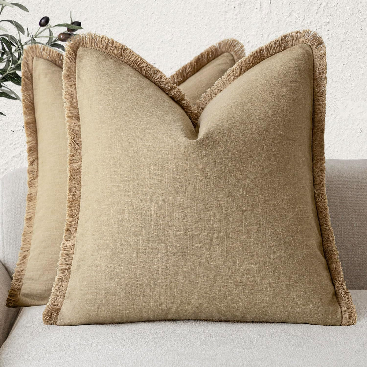 Foindtower Decorative Linen Fringe Throw Pillow Covers 24×24 Olive Green