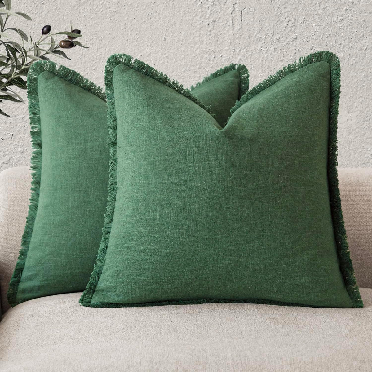 Foindtower Decorative Linen Fringe Throw Pillow Covers 24×24 Olive Green