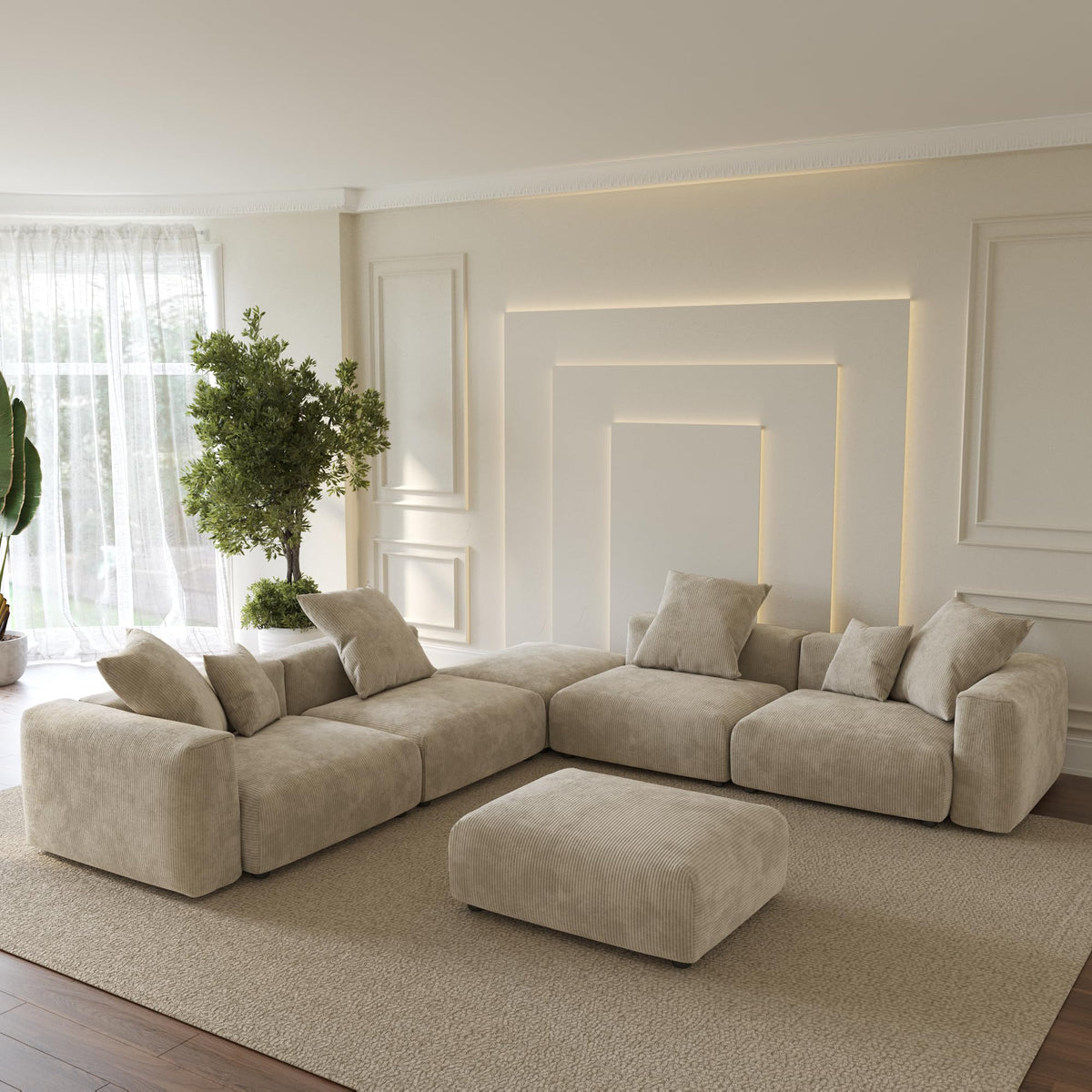 WJShome Cloud Couch Modular Sectional Sofa,141.73inch L Shaped Couch,Oversized Corduroy Couches with Ottoman and Pillows, Beige 4 Seaters Cushion Covers Removable& Washable