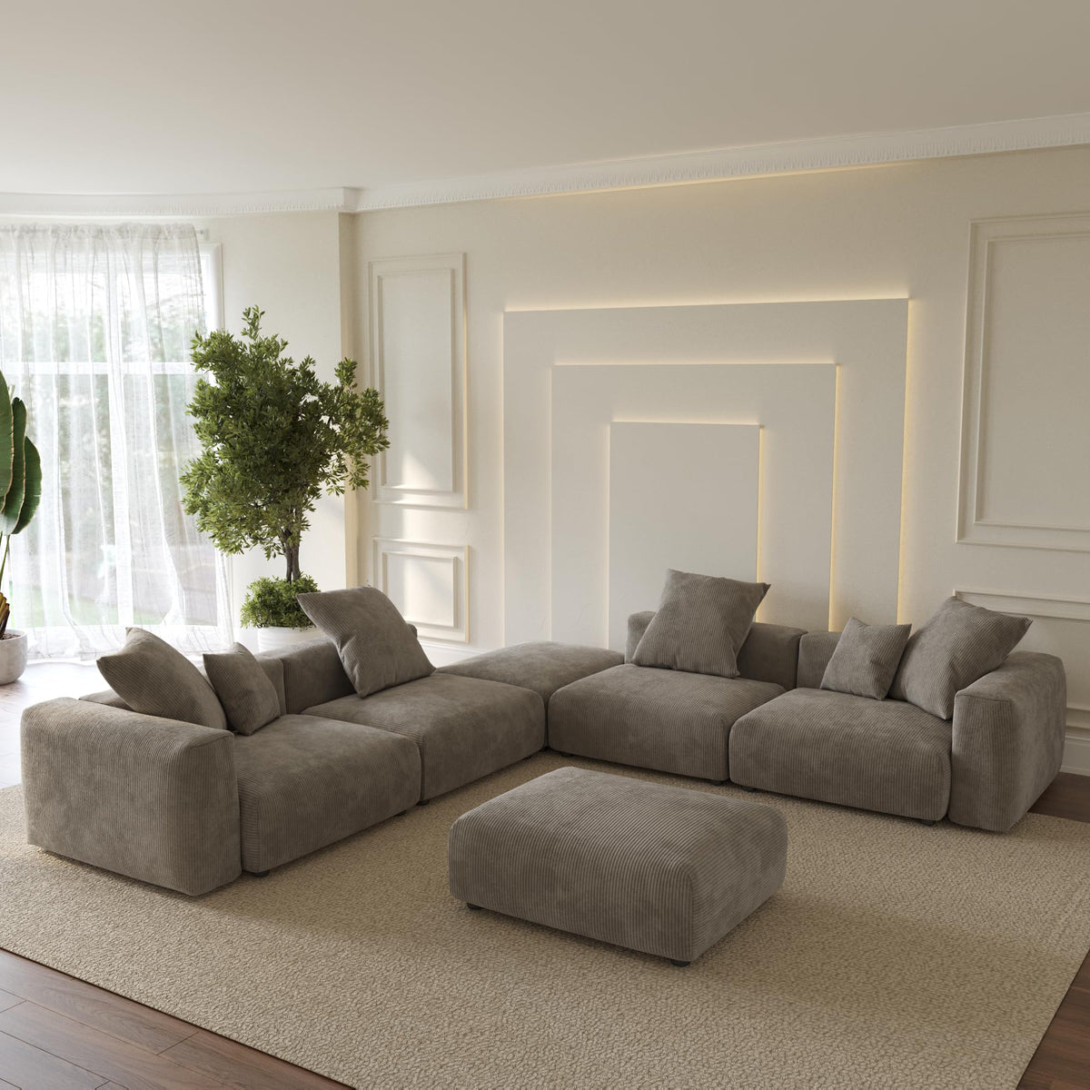 WJShome Cloud Couch Modular Sectional Sofa,141.73inch L Shaped Couch,Oversized Corduroy Couches with Ottoman and Pillows, Beige 4 Seaters Cushion Covers Removable& Washable