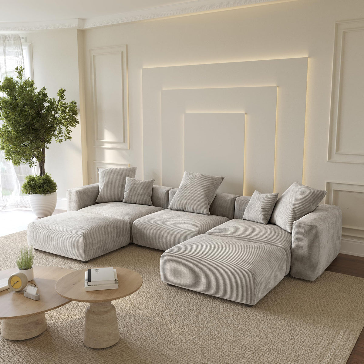 WJShome Cloud Couch Modular Sectional Sofa,141.73inch L Shaped Couch,Oversized Corduroy Couches with Ottoman and Pillows, Beige 4 Seaters Cushion Covers Removable& Washable