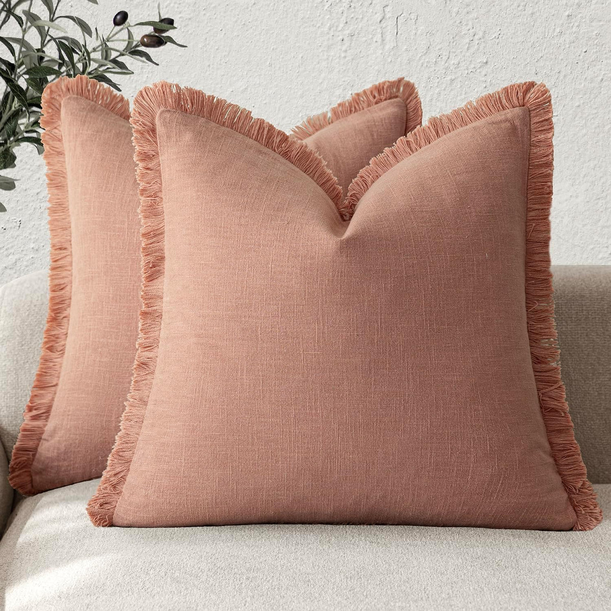 Foindtower Decorative Linen Fringe Throw Pillow Covers 24×24 Olive Green
