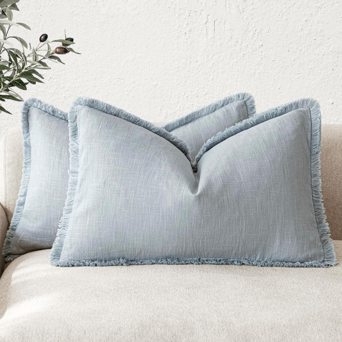 Foindtower Decorative Linen Fringe Throw Pillow Covers 24×24 Olive Green