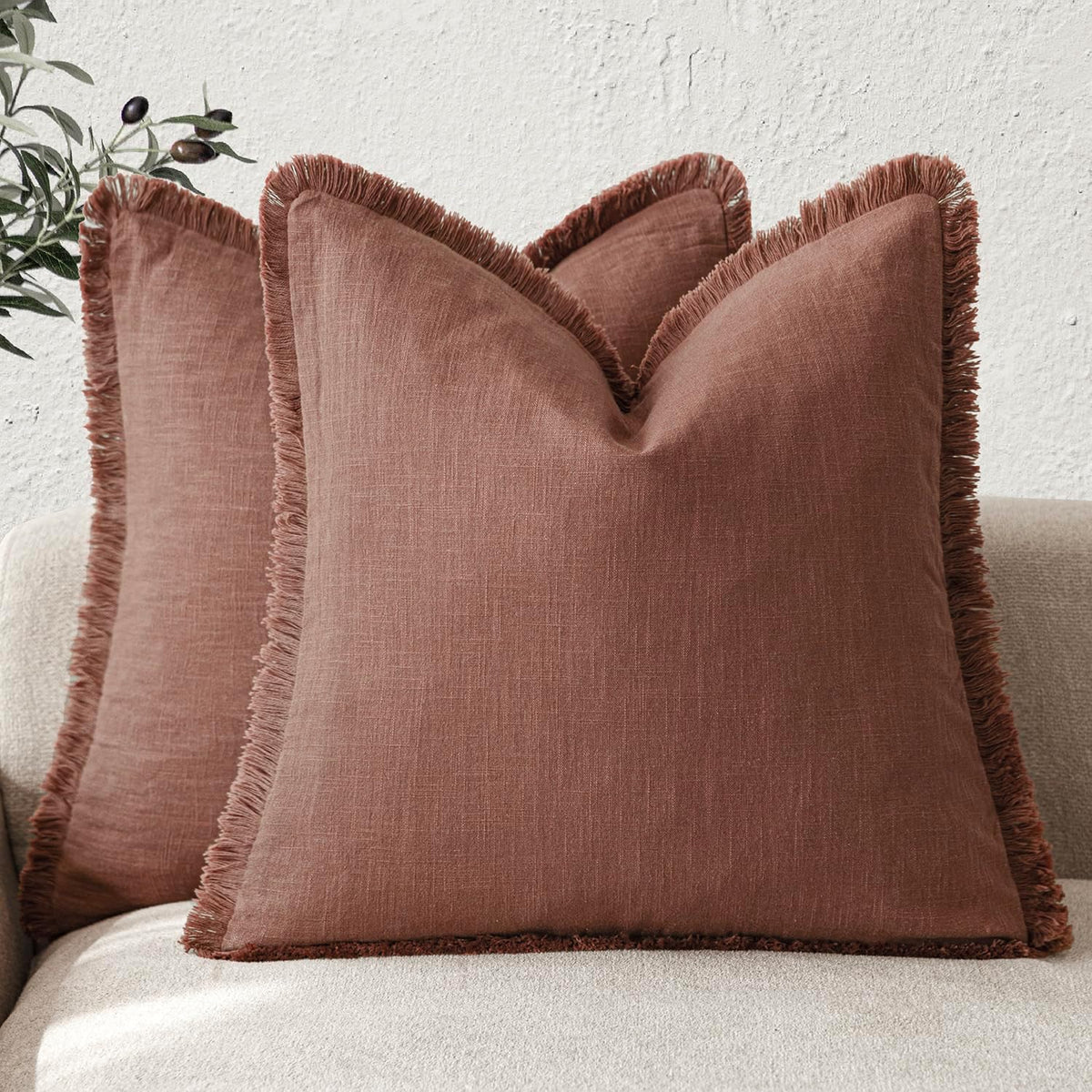 Foindtower Decorative Linen Fringe Throw Pillow Covers 24×24 Olive Green