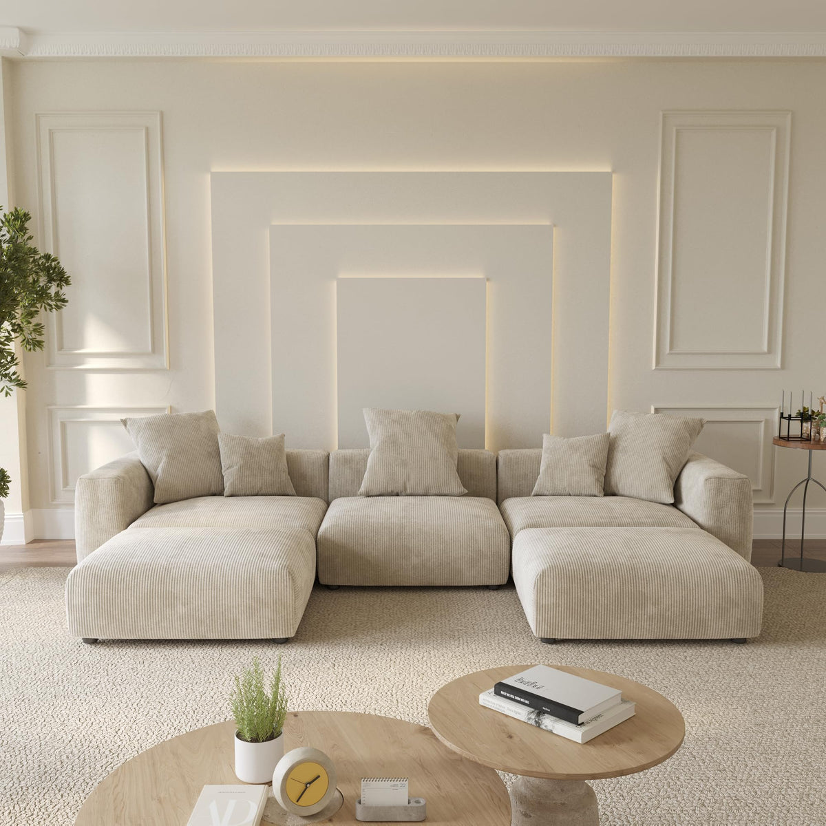 WJShome Cloud Couch Modular Sectional Sofa,141.73inch L Shaped Couch,Oversized Corduroy Couches with Ottoman and Pillows, Beige 4 Seaters Cushion Covers Removable& Washable