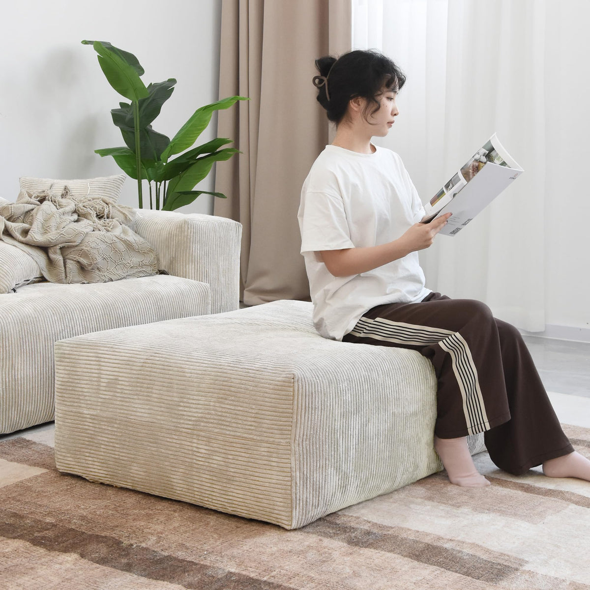 WJShome Cloud Couch Modular Sectional Sofa,141.73inch L Shaped Couch,Oversized Corduroy Couches with Ottoman and Pillows, Beige 4 Seaters Cushion Covers Removable& Washable