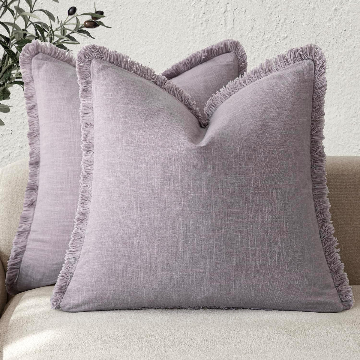 Foindtower Decorative Linen Fringe Throw Pillow Covers 24×24 Olive Green