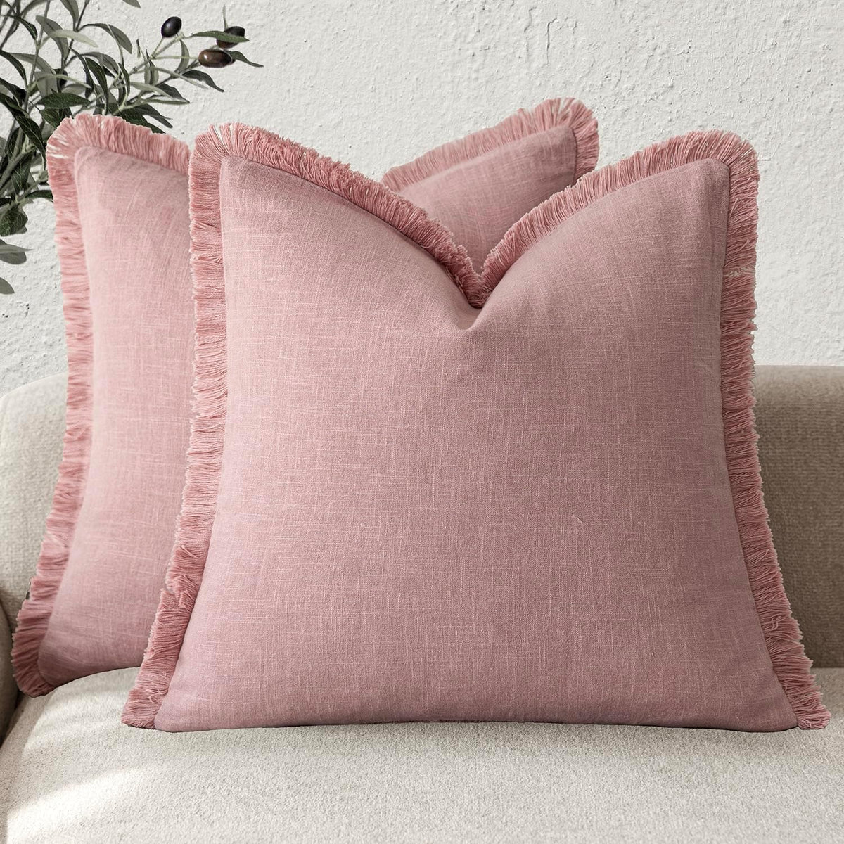 Foindtower Decorative Linen Fringe Throw Pillow Covers 24×24 Olive Green