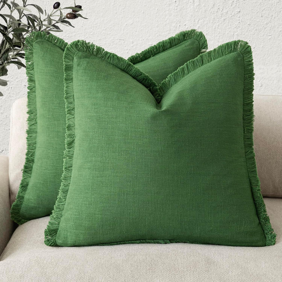 Foindtower Decorative Linen Fringe Throw Pillow Covers 24×24 Olive Green