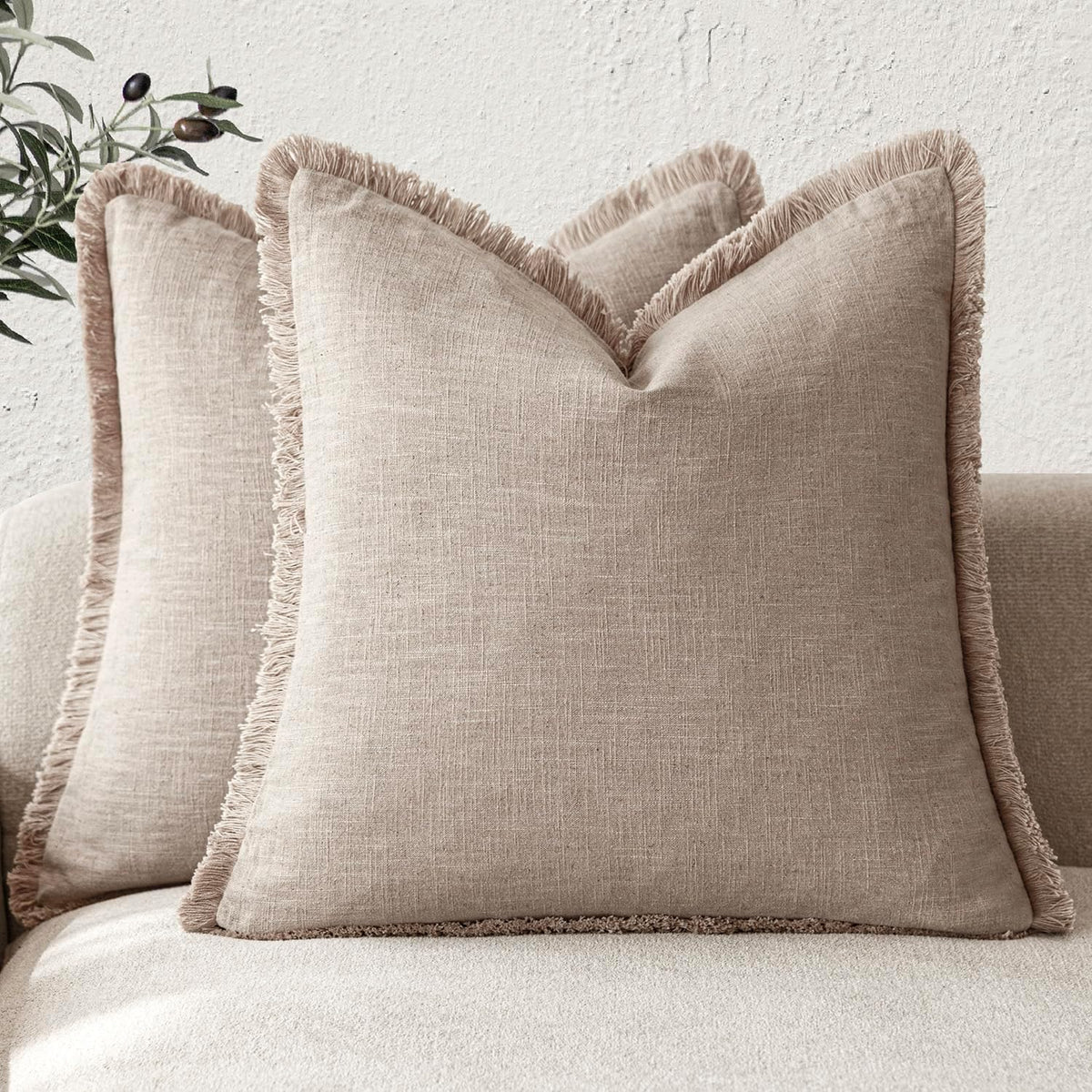Foindtower Decorative Linen Fringe Throw Pillow Covers 24×24 Olive Green