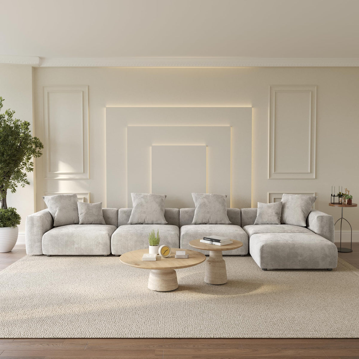 WJShome Cloud Couch Modular Sectional Sofa,141.73inch L Shaped Couch,Oversized Corduroy Couches with Ottoman and Pillows, Beige 4 Seaters Cushion Covers Removable& Washable