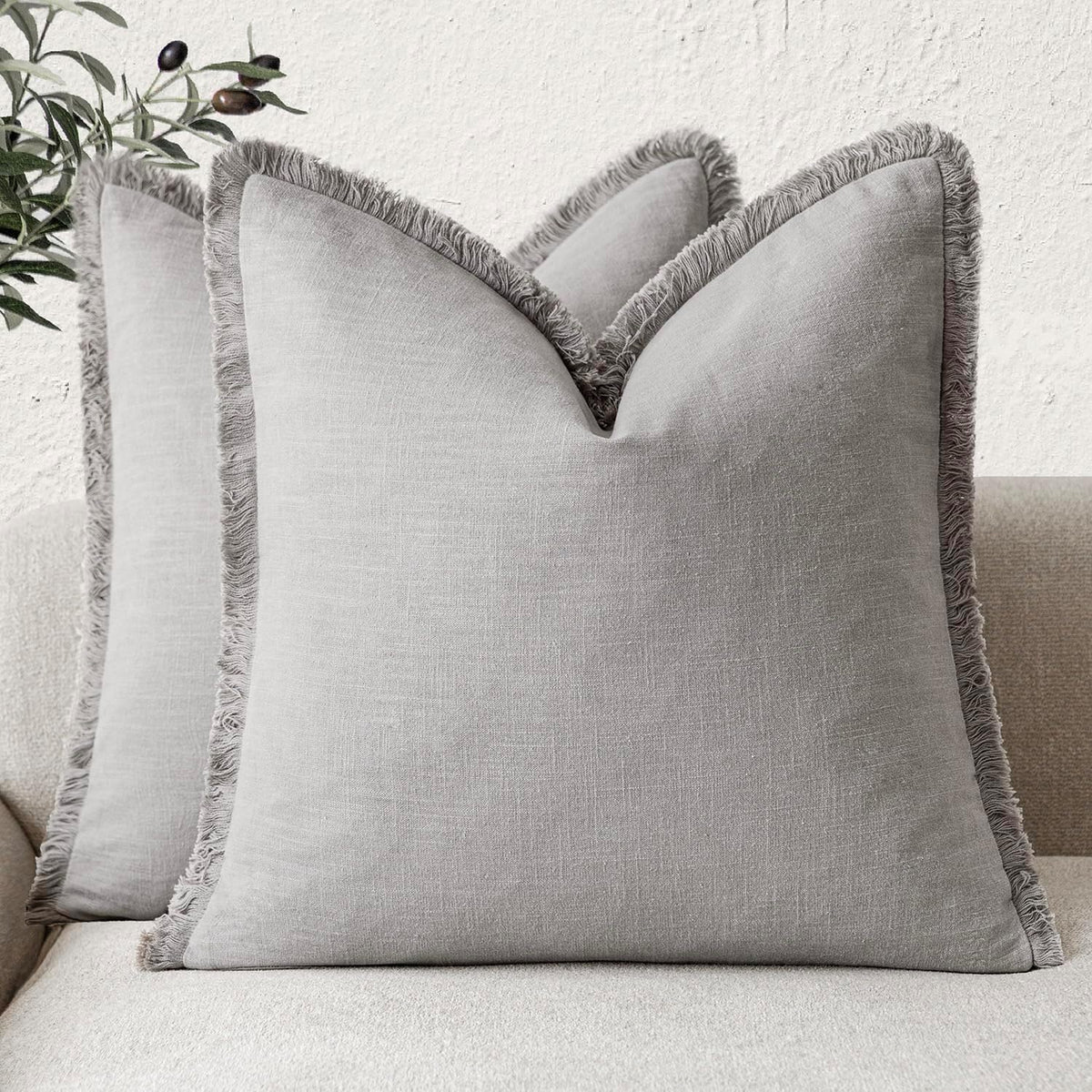 Foindtower Decorative Linen Fringe Throw Pillow Covers 24×24 Olive Green