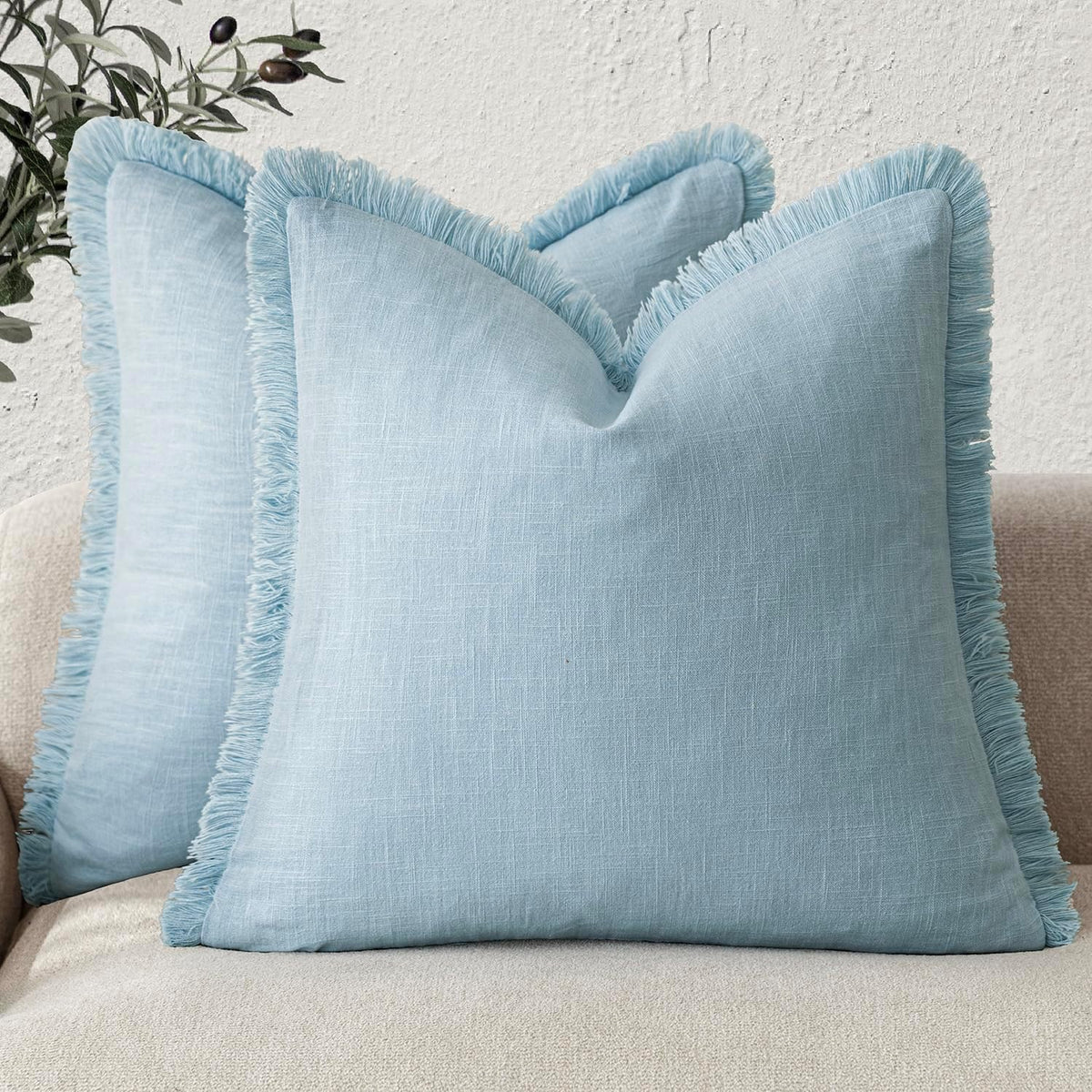 Foindtower Decorative Linen Fringe Throw Pillow Covers 24×24 Olive Green