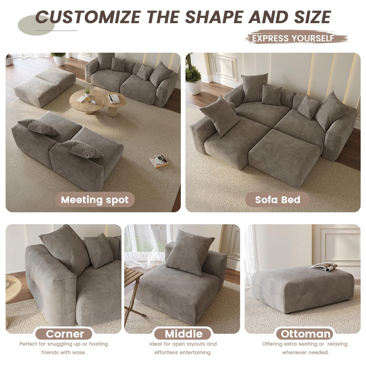 WJShome Cloud Couch Modular Sectional Sofa,141.73inch L Shaped Couch,Oversized Corduroy Couches with Ottoman and Pillows, Beige 4 Seaters Cushion Covers Removable& Washable