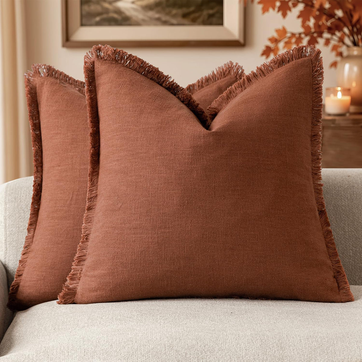 Foindtower Decorative Linen Fringe Throw Pillow Covers 24×24 Olive Green
