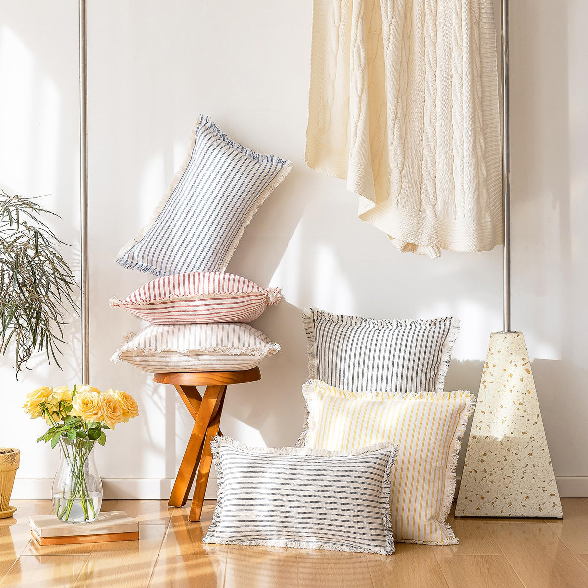 YEENAASY Throw Pillow Covers 18x18 Boho Striped Pillow Cases with Tassel