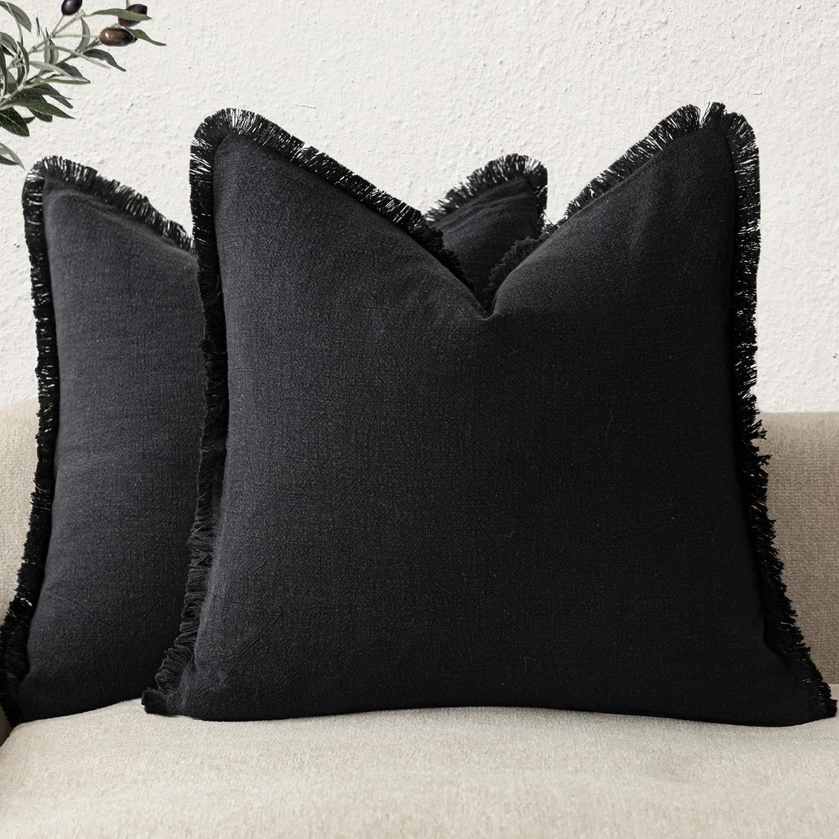 Foindtower Decorative Linen Fringe Throw Pillow Covers 24×24 Olive Green