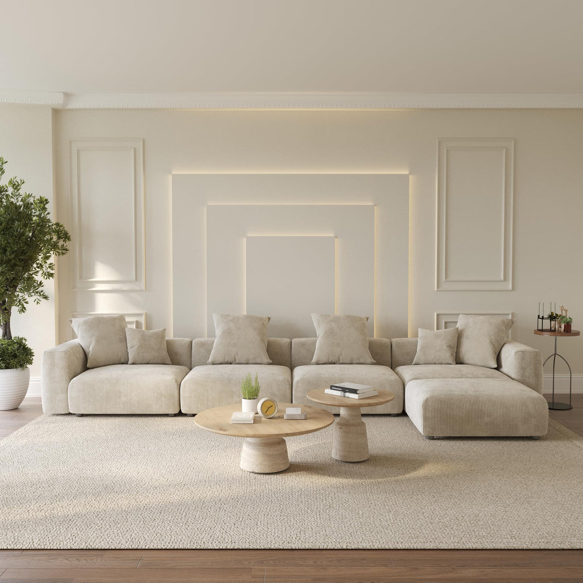 WJShome Cloud Couch Modular Sectional Sofa,141.73inch L Shaped Couch,Oversized Corduroy Couches with Ottoman and Pillows, Beige 4 Seaters Cushion Covers Removable& Washable