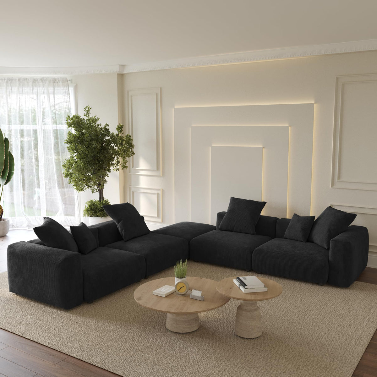 WJShome Cloud Couch Modular Sectional Sofa,141.73inch L Shaped Couch,Oversized Corduroy Couches with Ottoman and Pillows, Beige 4 Seaters Cushion Covers Removable& Washable