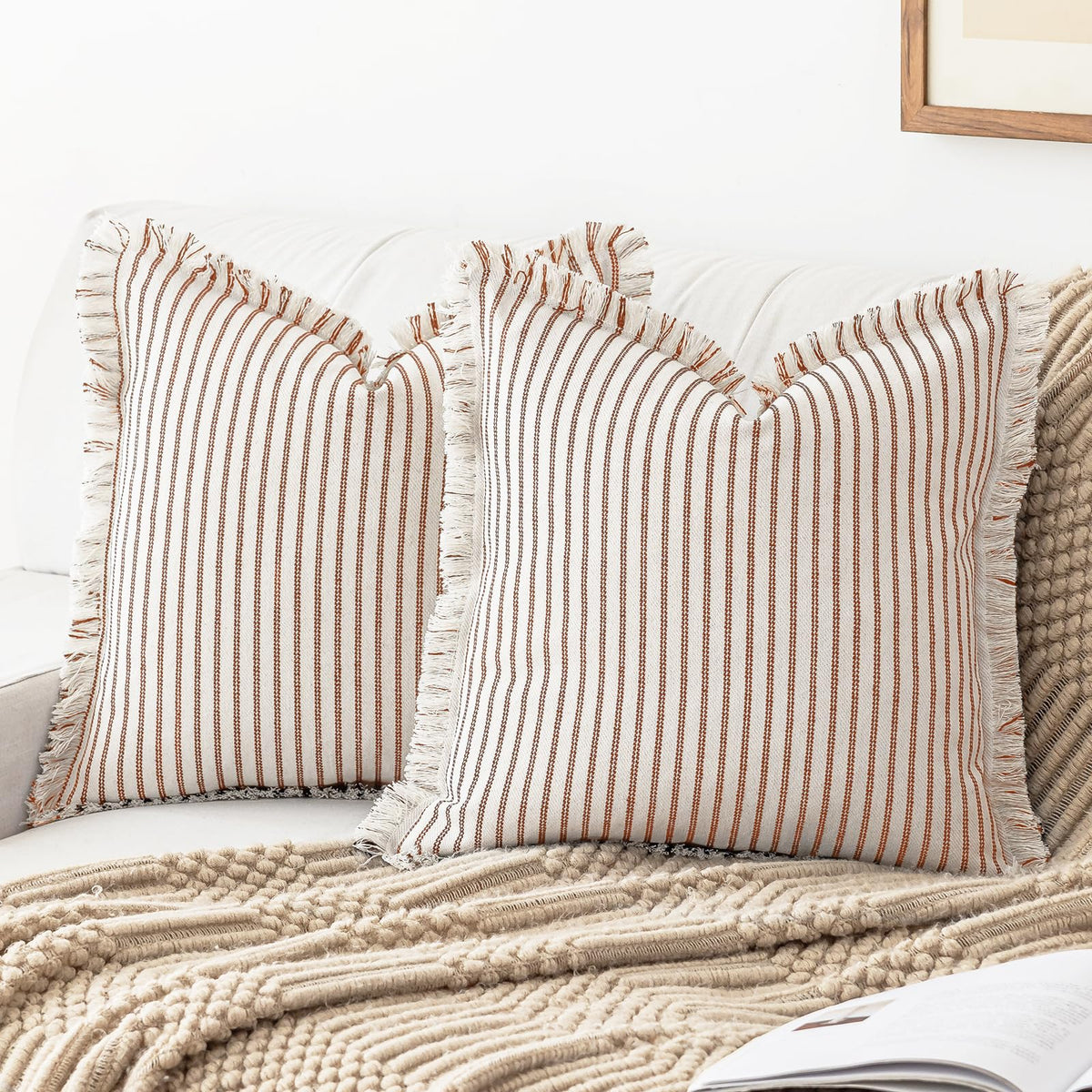 YEENAASY Throw Pillow Covers 18x18 Boho Striped Pillow Cases with Tassel