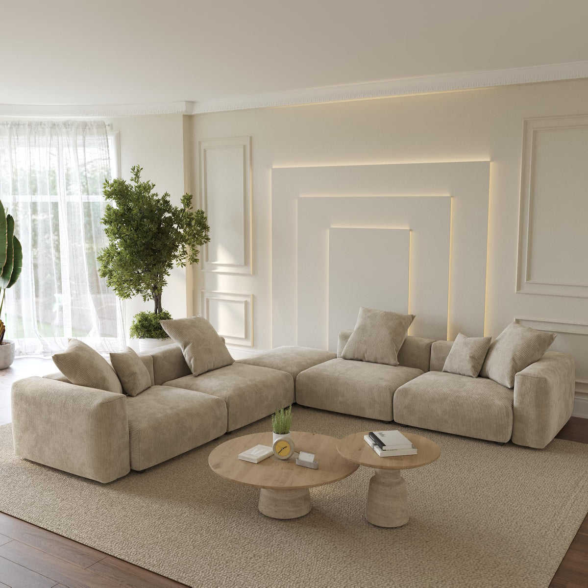 WJShome Cloud Couch Modular Sectional Sofa,141.73inch L Shaped Couch,Oversized Corduroy Couches with Ottoman and Pillows, Beige 4 Seaters Cushion Covers Removable& Washable