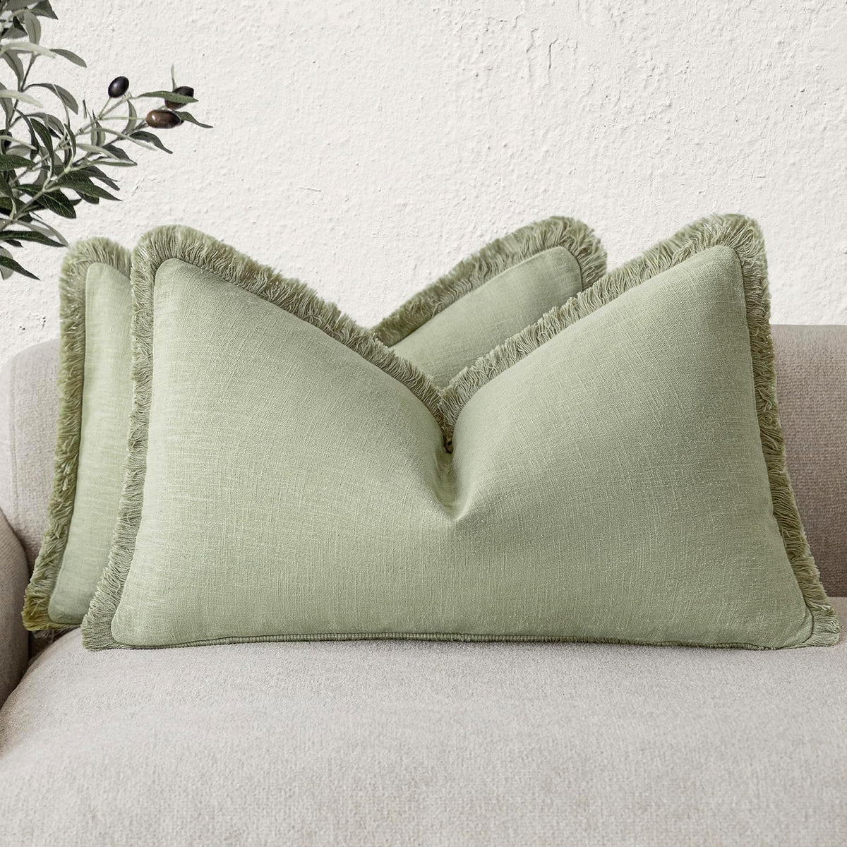 Foindtower Decorative Linen Fringe Throw Pillow Covers 24×24 Olive Green