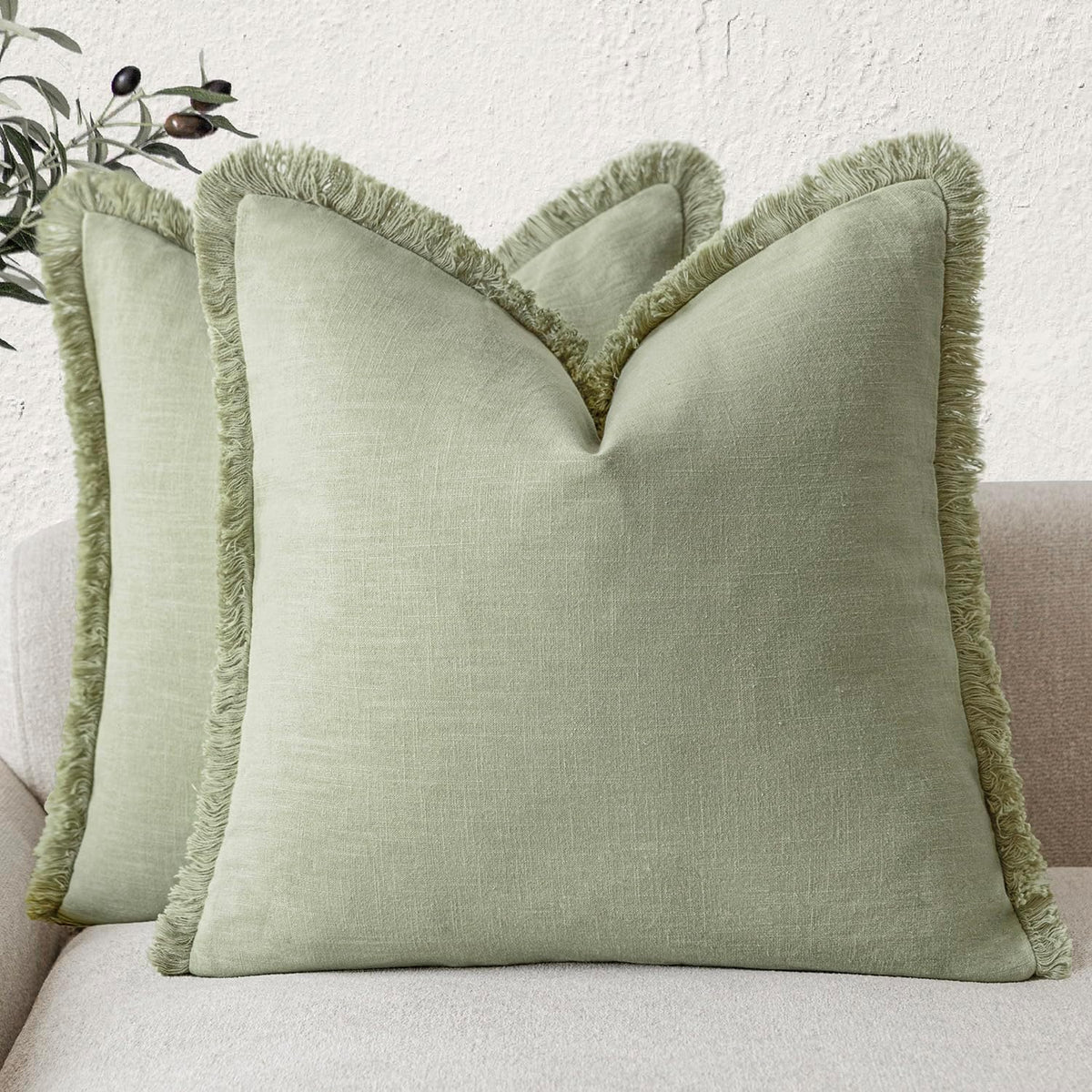 Foindtower Decorative Linen Fringe Throw Pillow Covers 24×24 Olive Green
