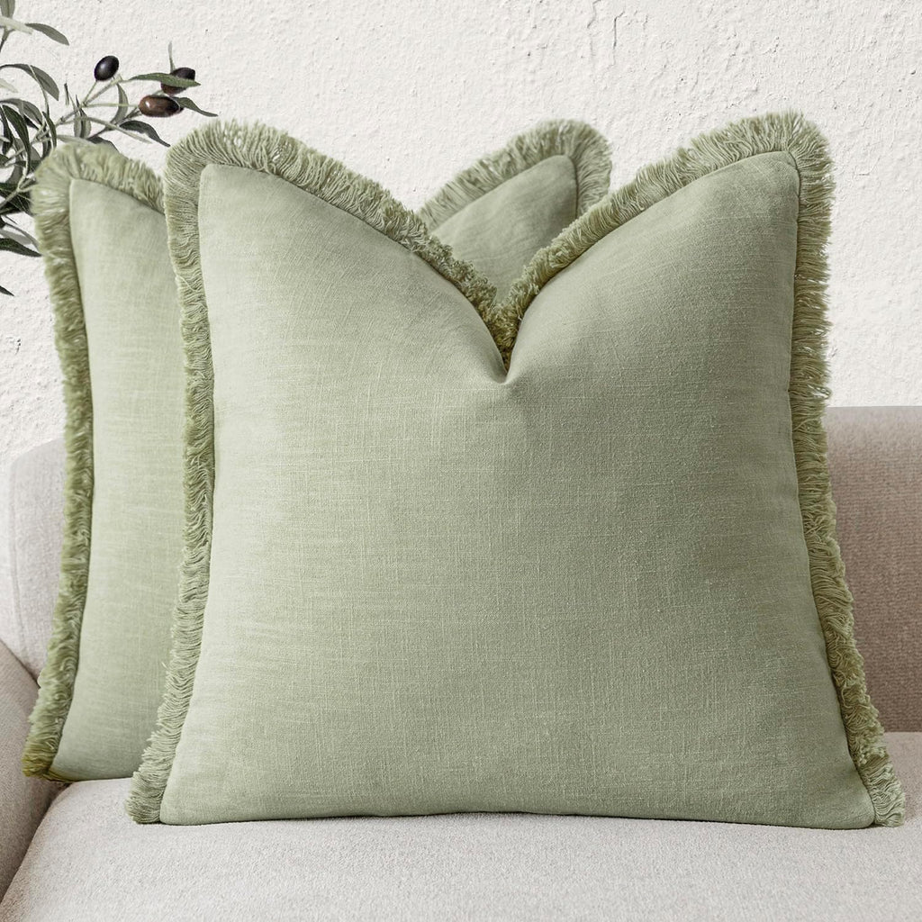 Foindtower Decorative Linen Fringe Throw Pillow Covers 24×24 Olive Green