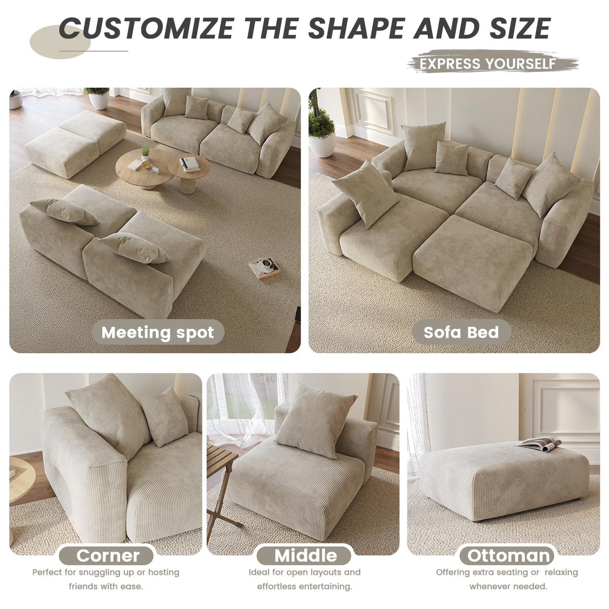 WJShome Cloud Couch Modular Sectional Sofa,141.73inch L Shaped Couch,Oversized Corduroy Couches with Ottoman and Pillows, Beige 4 Seaters Cushion Covers Removable& Washable