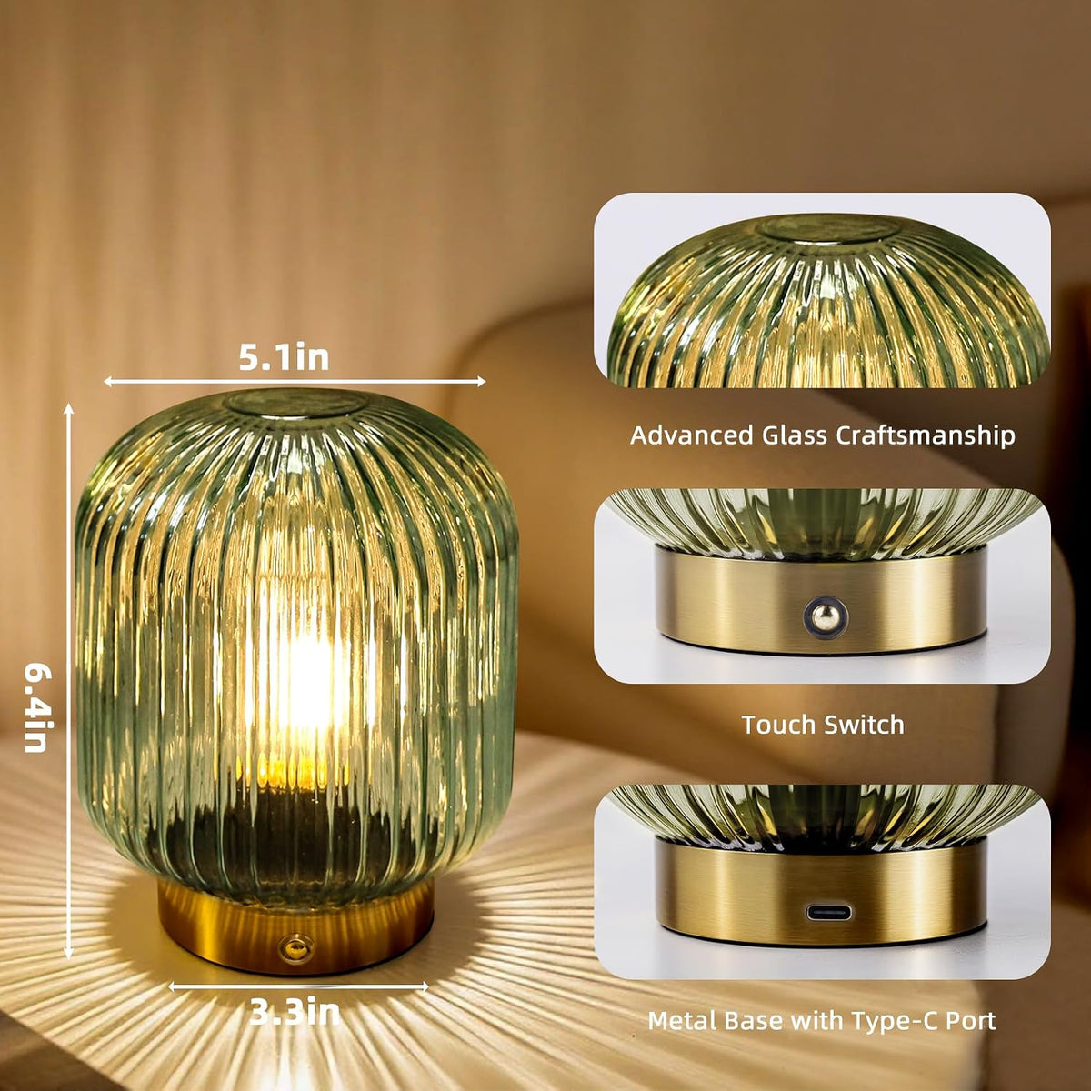 MJ PREMIER Rechargeable Table Lamp,Cordless Lamp with Memory Function,Green