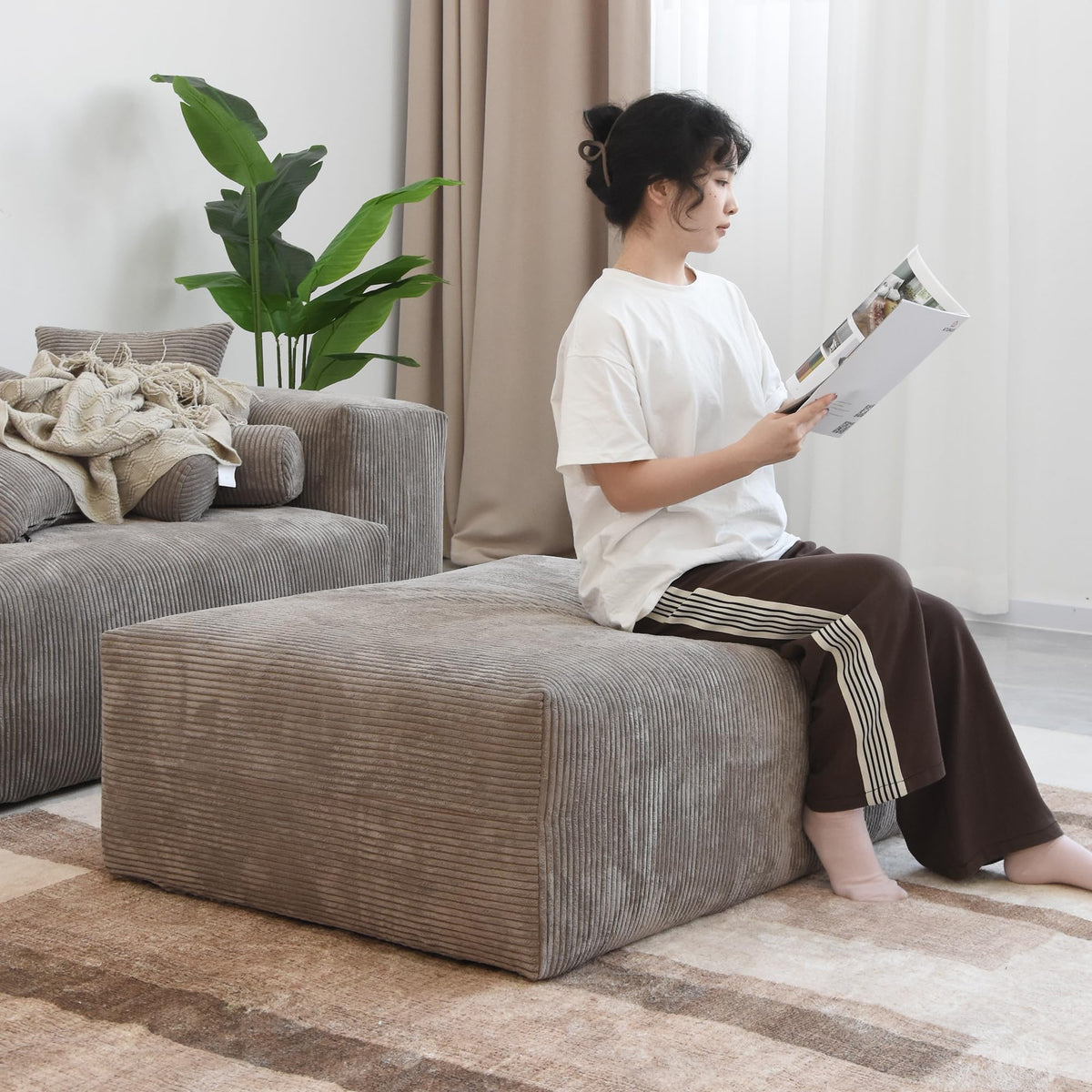 WJShome Cloud Couch Modular Sectional Sofa,141.73inch L Shaped Couch,Oversized Corduroy Couches with Ottoman and Pillows, Beige 4 Seaters Cushion Covers Removable& Washable