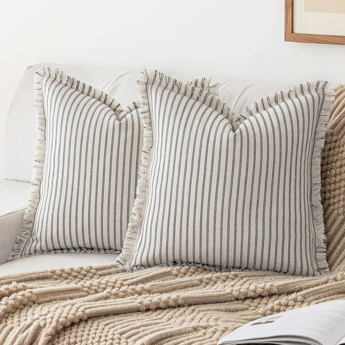 YEENAASY Throw Pillow Covers 18x18 Boho Striped Pillow Cases with Tassel
