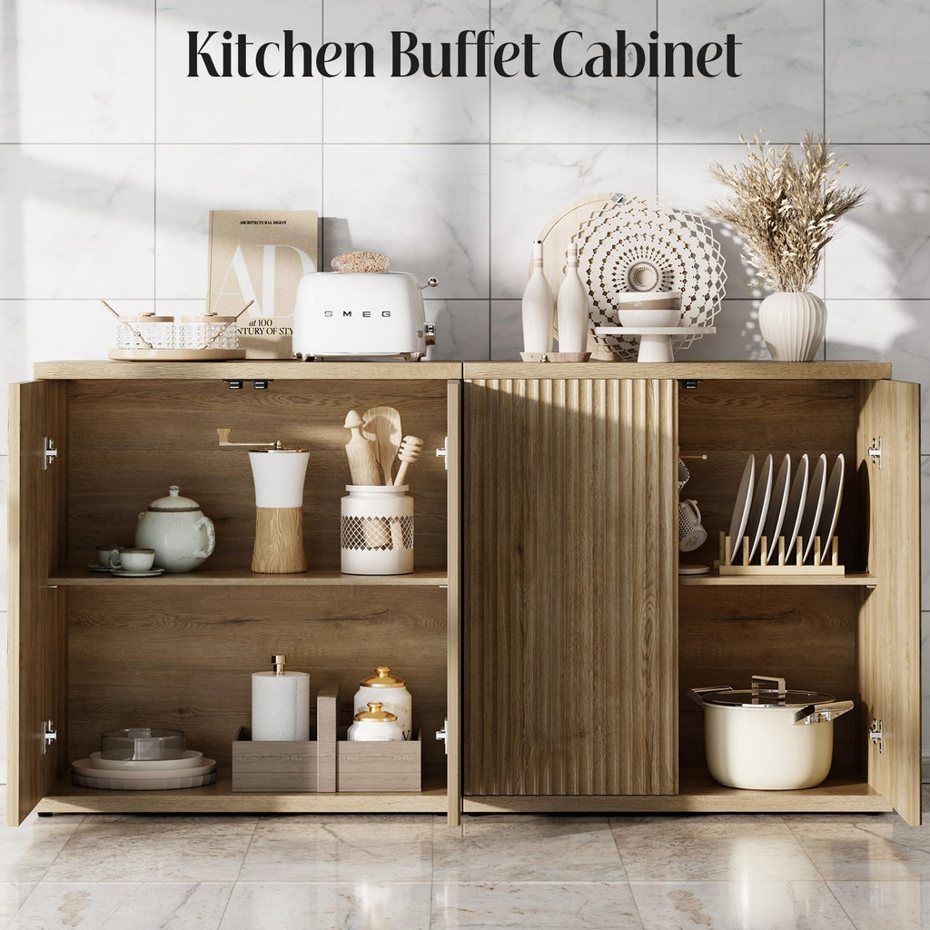 Fluted Buffet Cabinet with Storage Sideboard with 2 Doors & Adjustable Shelf