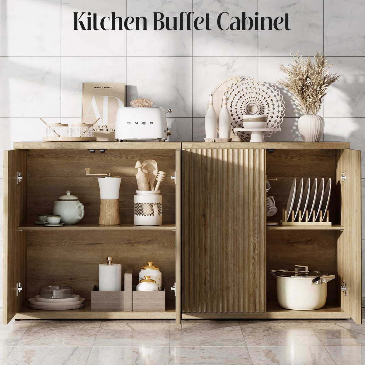 Fluted Buffet Cabinet with Storage Sideboard with 2 Doors & Adjustable Shelf