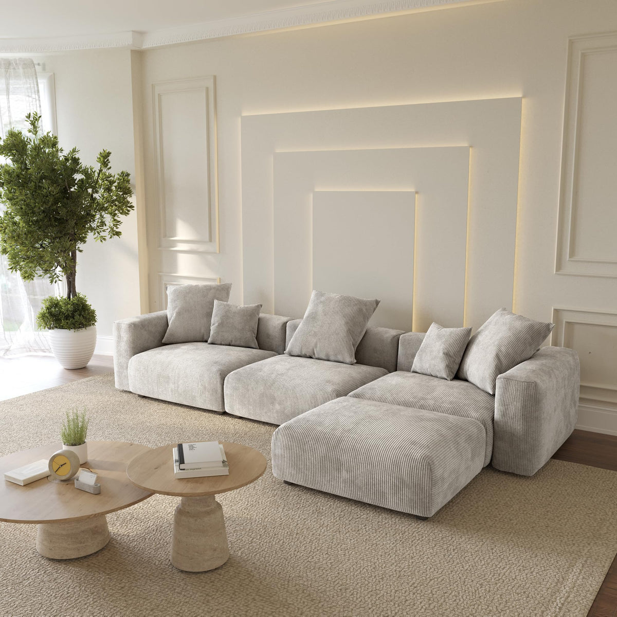 WJShome Cloud Couch Modular Sectional Sofa,141.73inch L Shaped Couch,Oversized Corduroy Couches with Ottoman and Pillows, Beige 4 Seaters Cushion Covers Removable& Washable