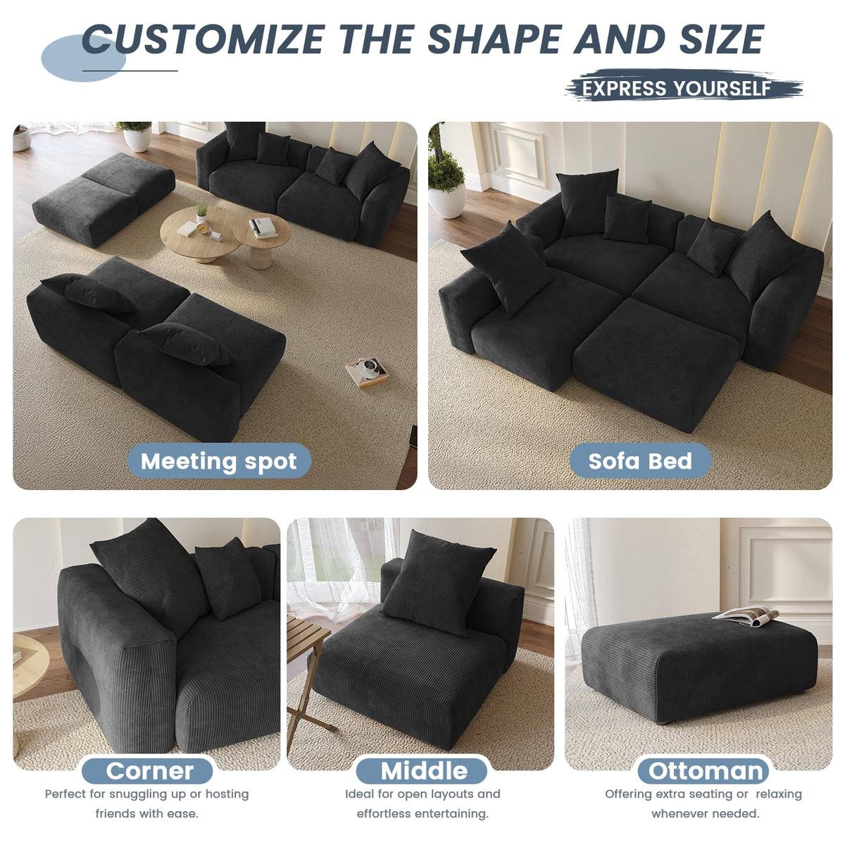 WJShome Cloud Couch Modular Sectional Sofa,141.73inch L Shaped Couch,Oversized Corduroy Couches with Ottoman and Pillows, Beige 4 Seaters Cushion Covers Removable& Washable