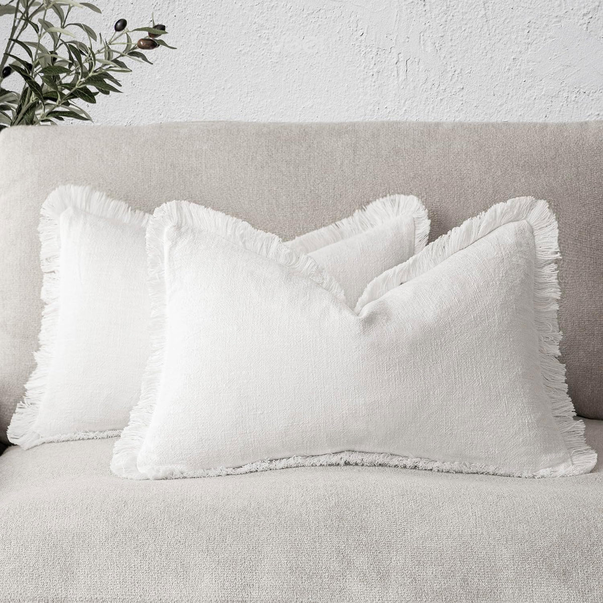 Foindtower Decorative Linen Fringe Throw Pillow Covers 24×24 Olive Green