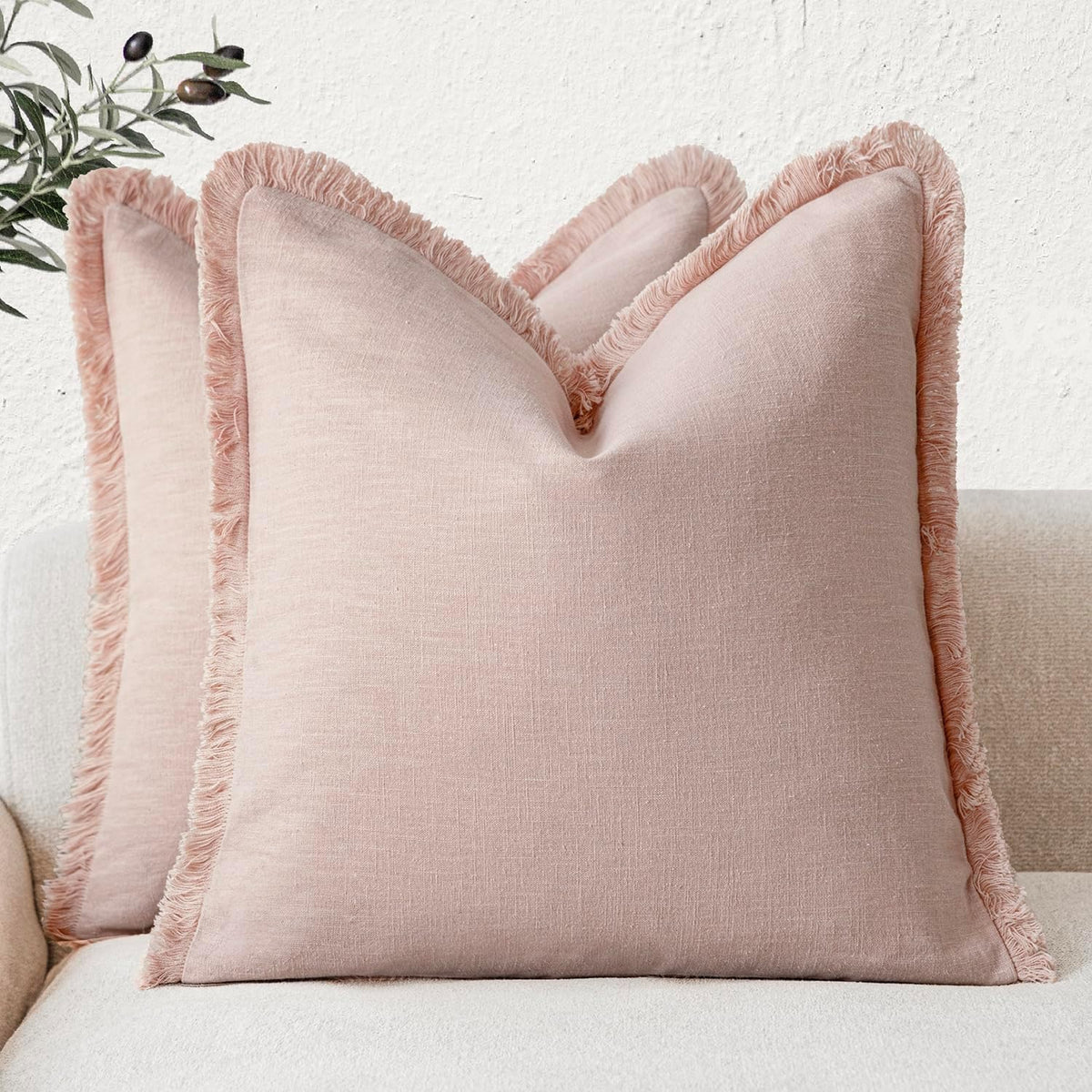 Foindtower Decorative Linen Fringe Throw Pillow Covers 24×24 Olive Green