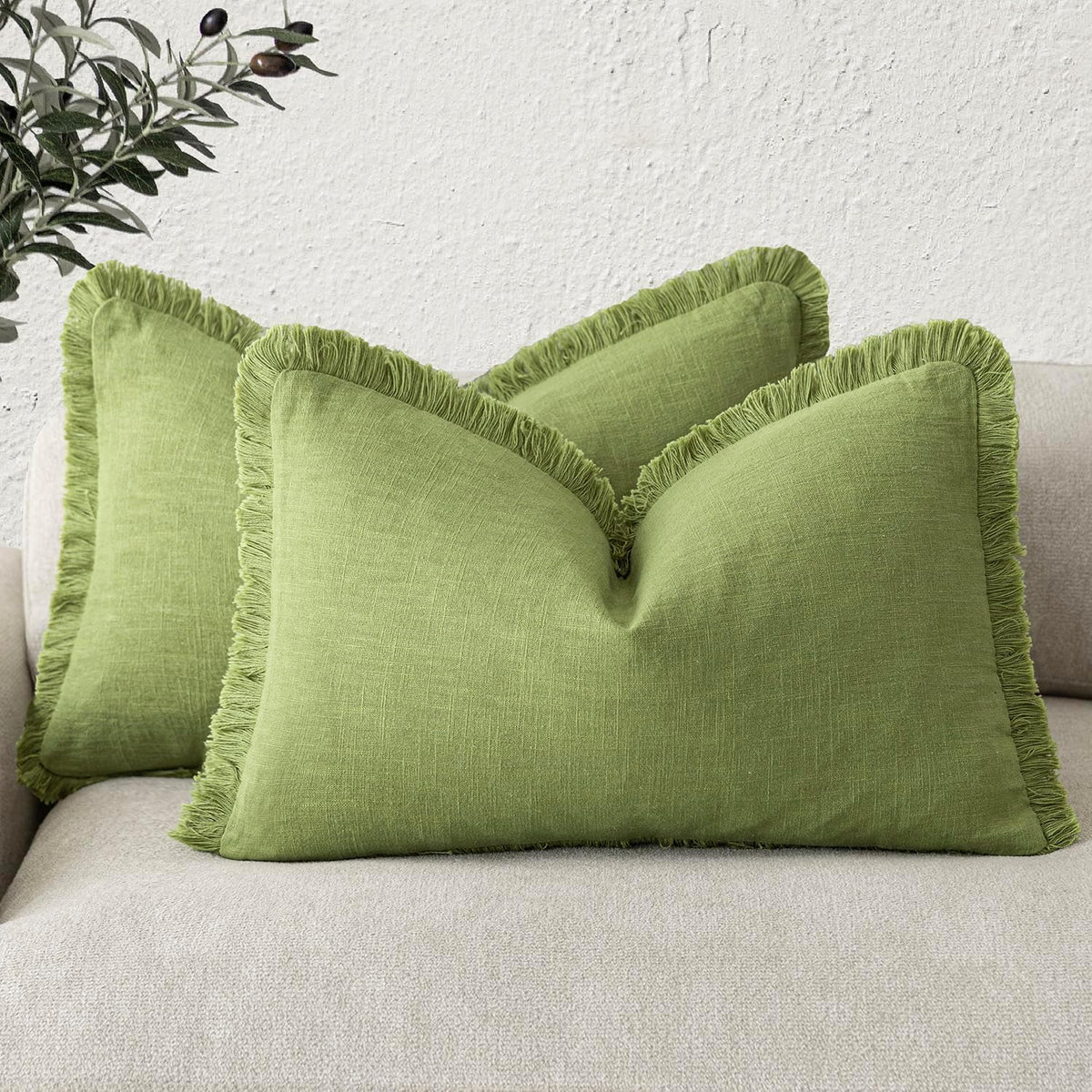Foindtower Decorative Linen Fringe Throw Pillow Covers 24×24 Olive Green