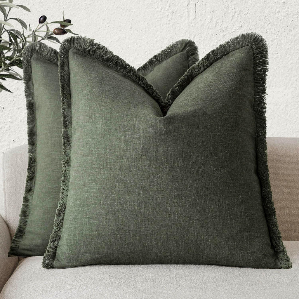 Foindtower Decorative Linen Fringe Throw Pillow Covers 24×24 Olive Green