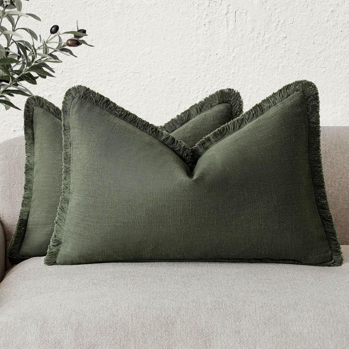 Foindtower Decorative Linen Fringe Throw Pillow Covers 24×24 Olive Green