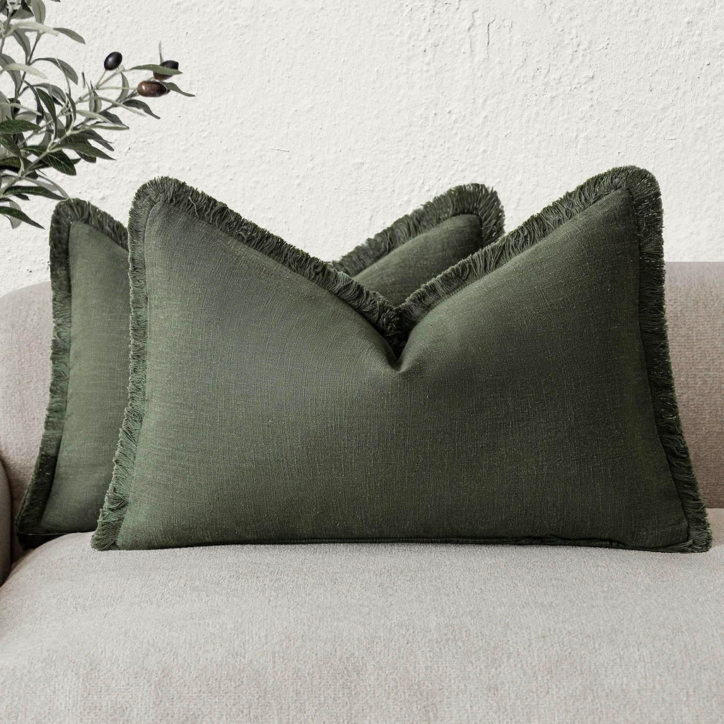 Foindtower Decorative Linen Fringe Throw Pillow Covers 24×24 Olive Green