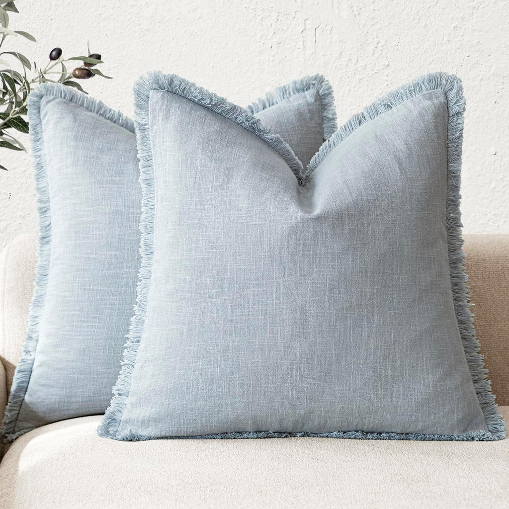 Foindtower Decorative Linen Fringe Throw Pillow Covers 24×24 Olive Green