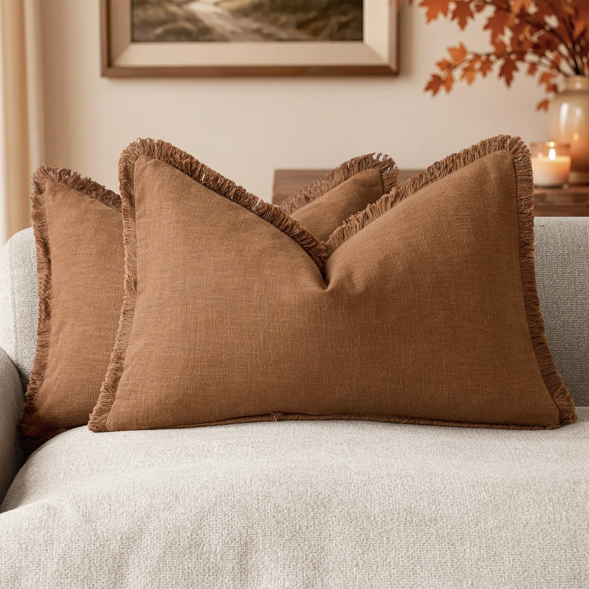 Foindtower Decorative Linen Fringe Throw Pillow Covers 24×24 Olive Green