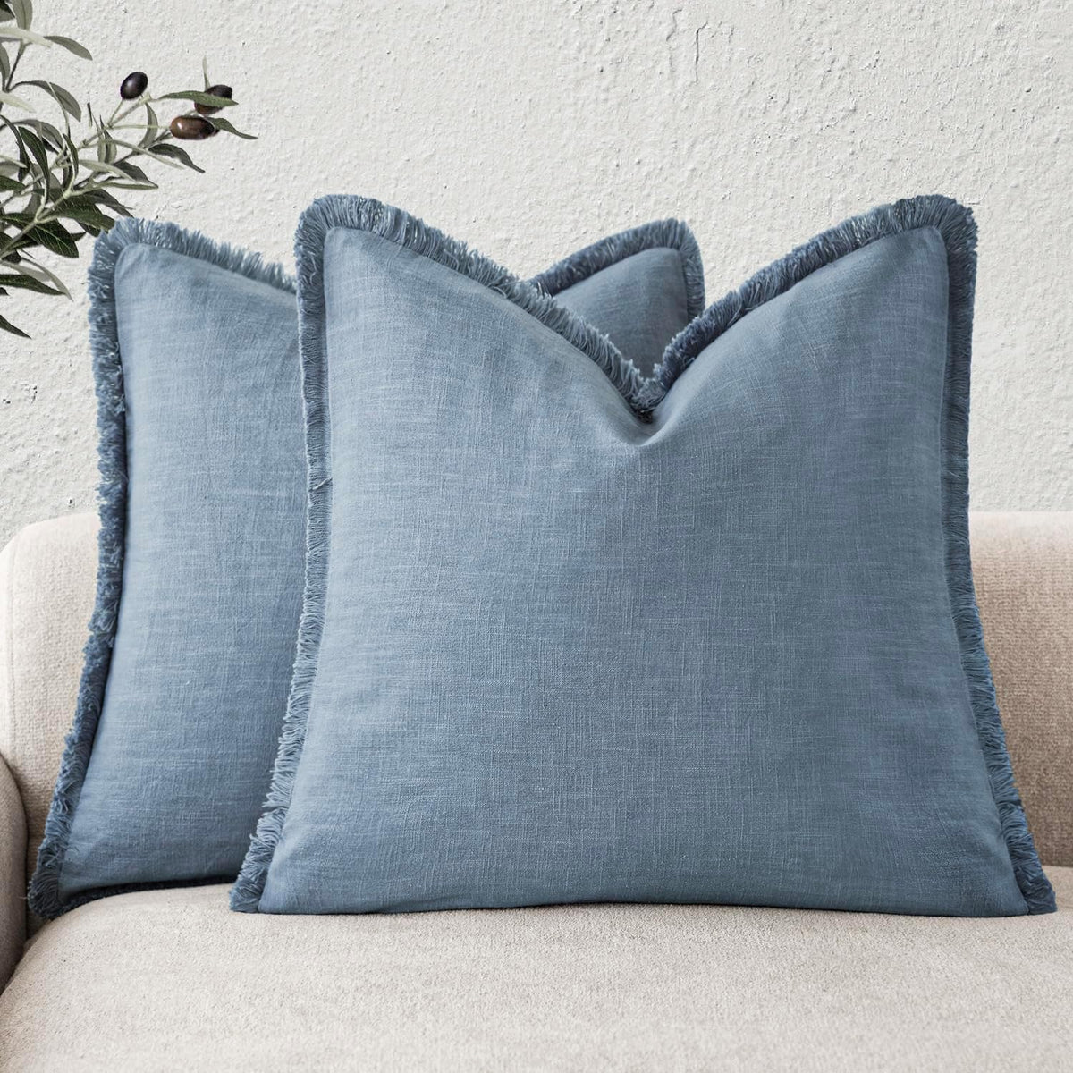 Foindtower Decorative Linen Fringe Throw Pillow Covers 24×24 Olive Green
