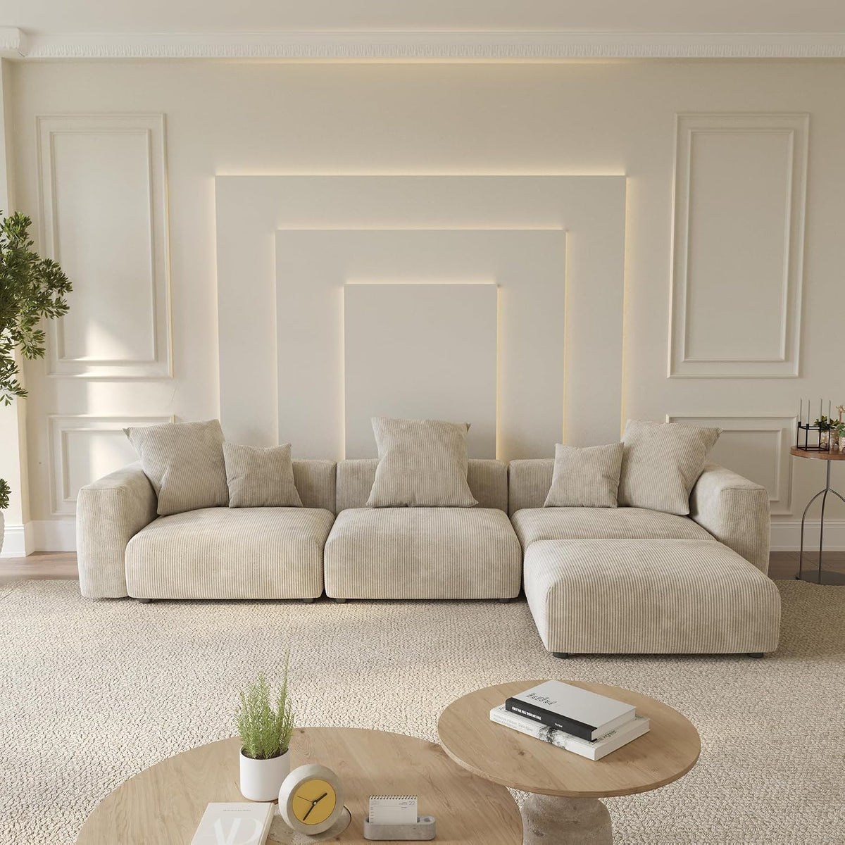 WJShome Cloud Couch Modular Sectional Sofa,141.73inch L Shaped Couch,Oversized Corduroy Couches with Ottoman and Pillows, Beige 4 Seaters Cushion Covers Removable& Washable