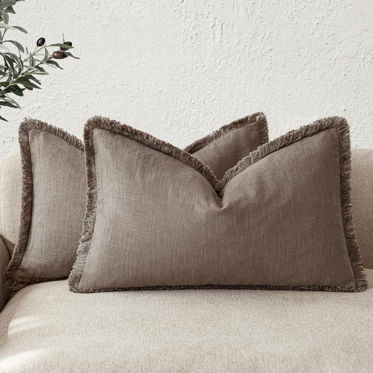 Foindtower Decorative Linen Fringe Throw Pillow Covers 24×24 Olive Green
