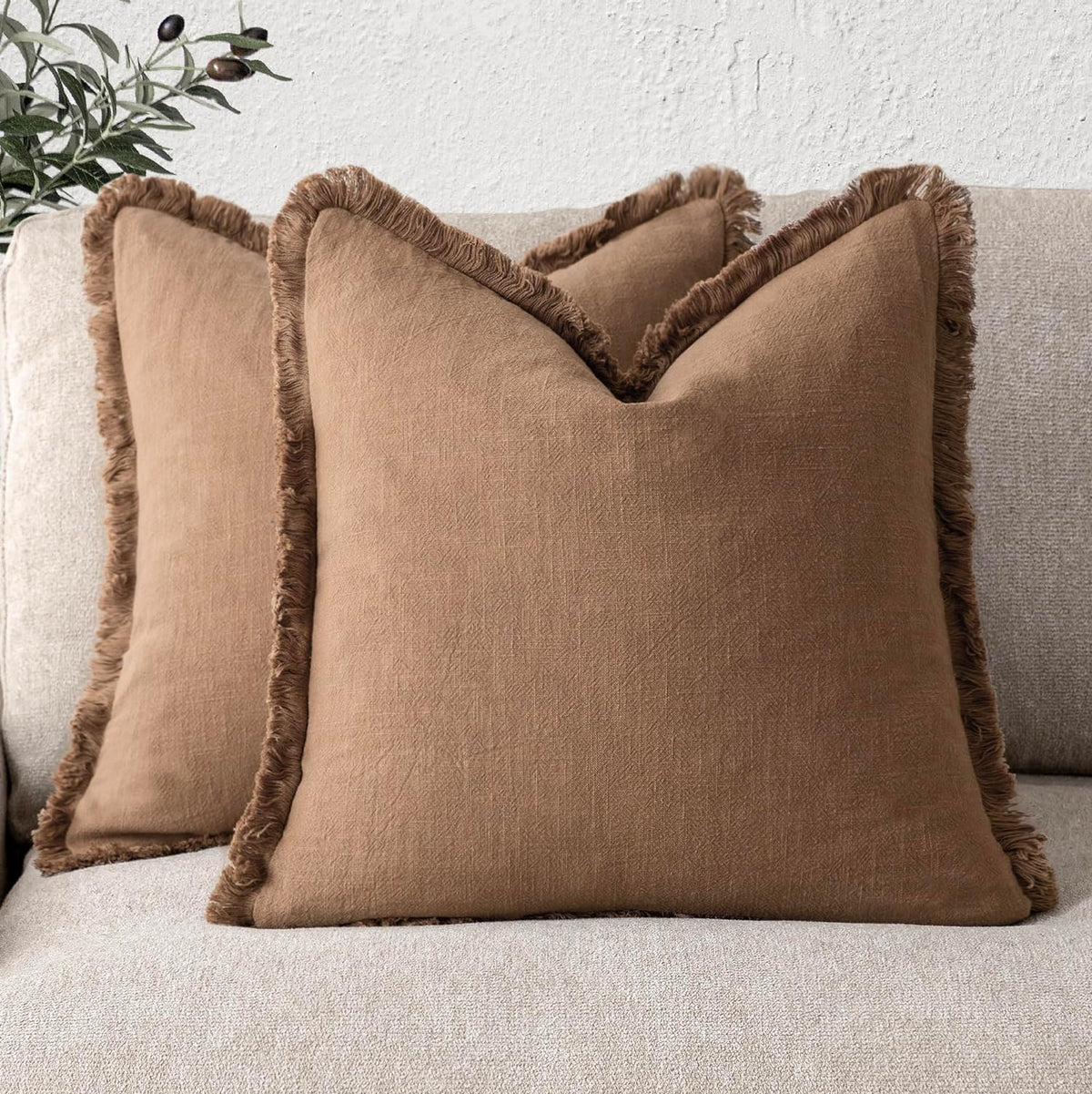 Foindtower Decorative Linen Fringe Throw Pillow Covers 24×24 Olive Green