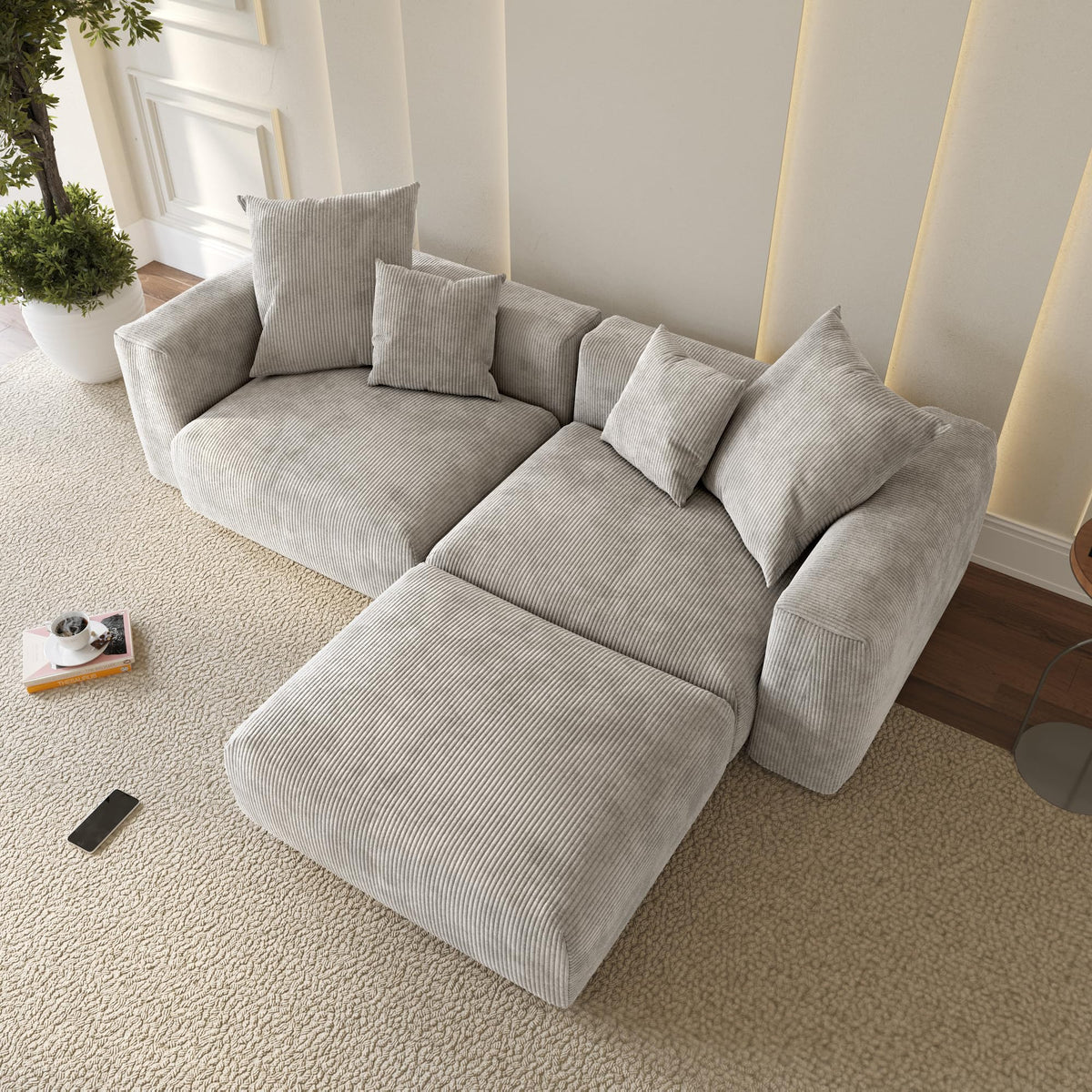 WJShome Cloud Couch Modular Sectional Sofa,141.73inch L Shaped Couch,Oversized Corduroy Couches with Ottoman and Pillows, Beige 4 Seaters Cushion Covers Removable& Washable