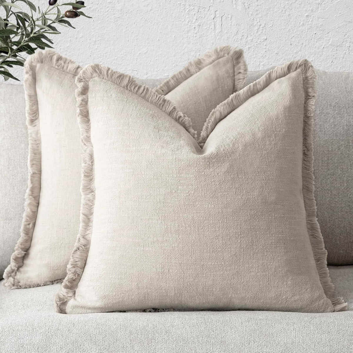 Foindtower Decorative Linen Fringe Throw Pillow Covers 24×24 Olive Green